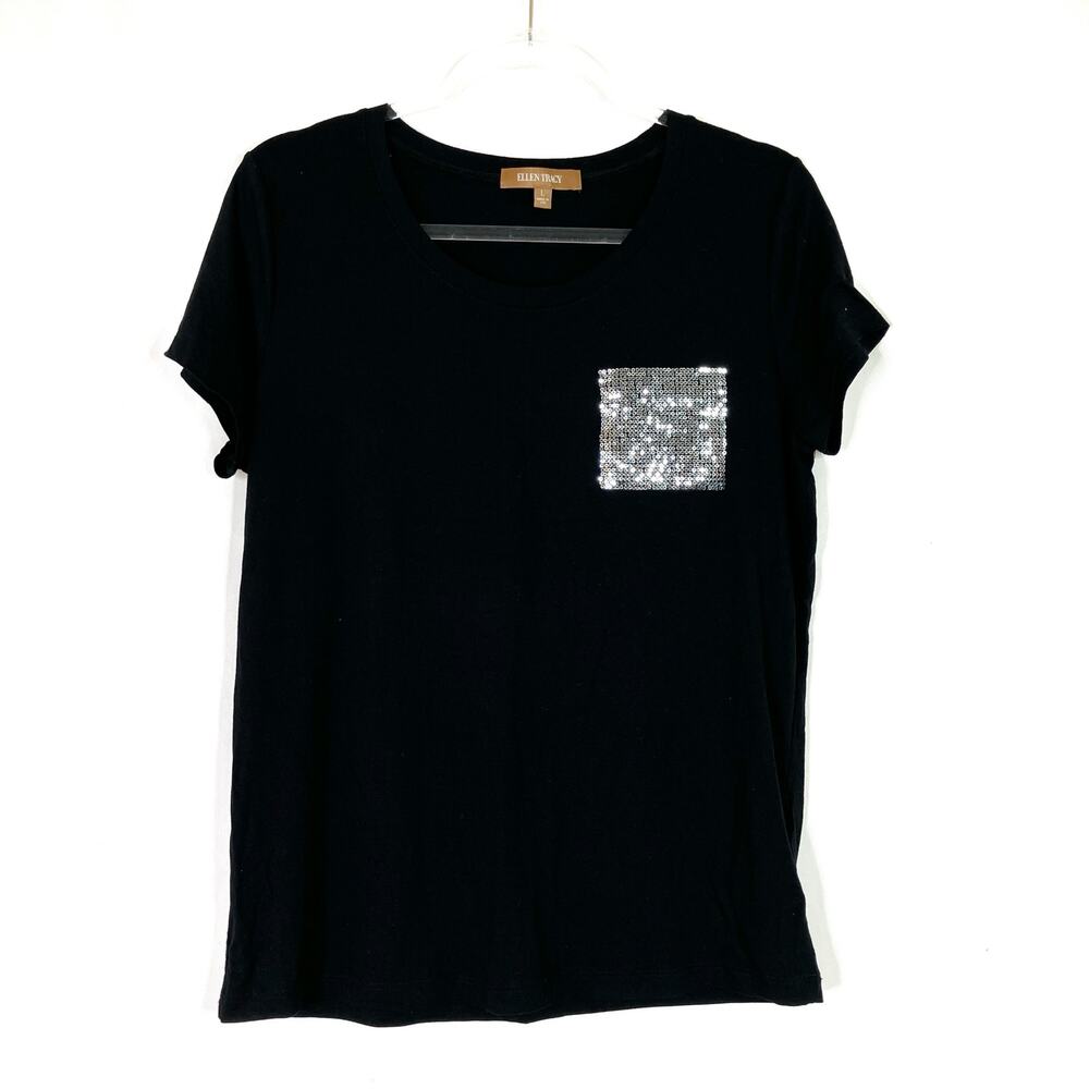 Ellen Tracy Black Short Sleeve Tee Shirt Silver Sequin Pocket Scoop Neck Large